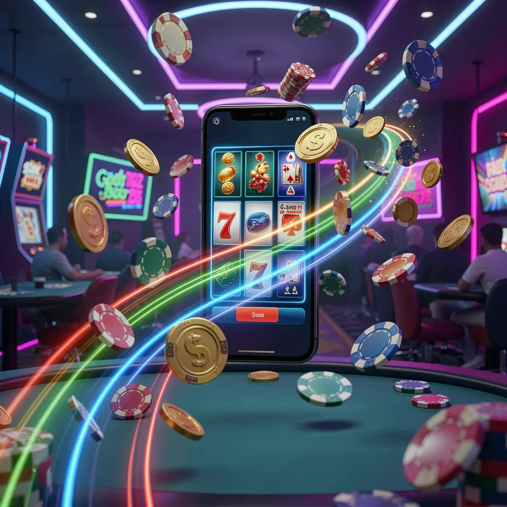EX666 fast casino app access visual showing a smartphone with speed light trails, coins and chips flying around against a modern neon casino background in a dynamic 3D render