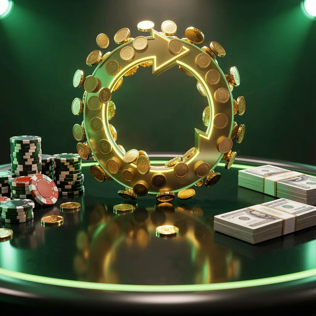 EX666 casino cashback bonus visual featuring golden coins returning in a circular arrow motion with poker chips and cash bundles on a glossy dark table, highlighted by glowing green and gold accents in a premium online casino style with cinematic lighting