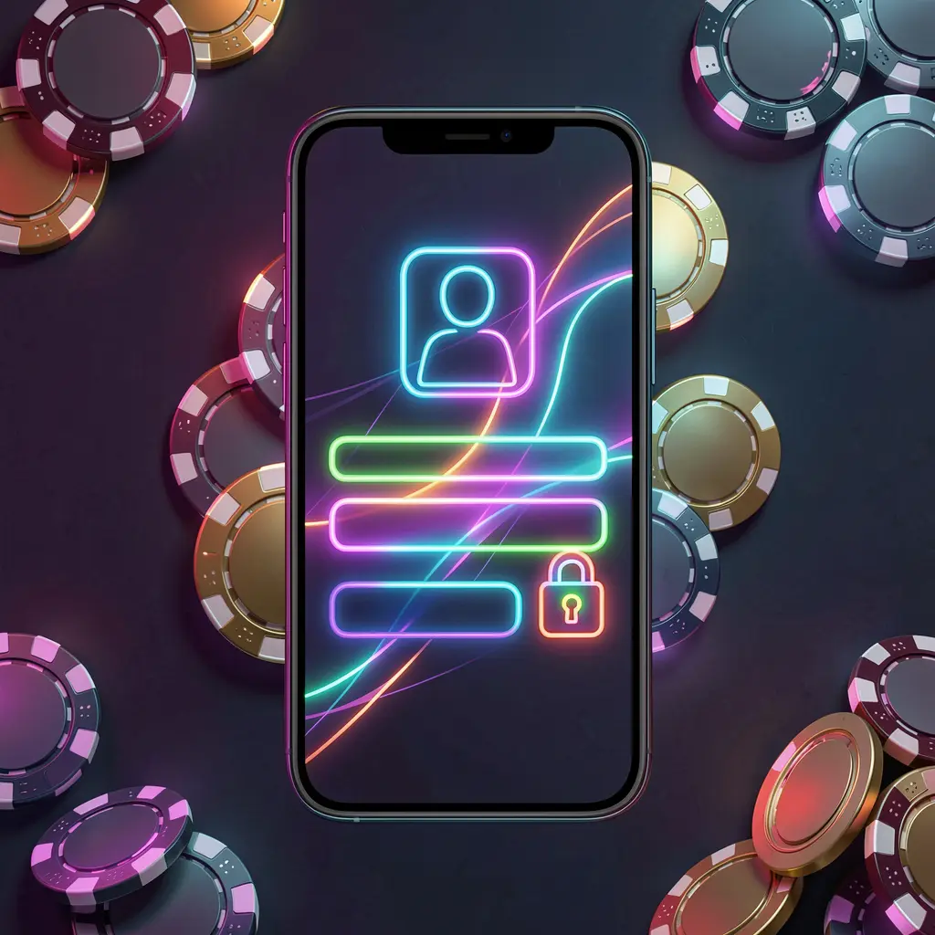 EX666 mobile gaming login page concept showing a smartphone with an abstract login interface featuring user and lock icons, surrounded by casino chips and coins under luxury neon lighting