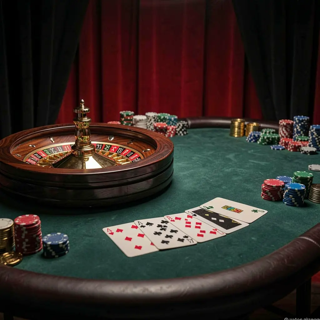 EX666 online casino platform hero image featuring an elegant gaming table with roulette wheel, blackjack cards, poker chips, and coins under luxury cinematic lighting with a black and red background