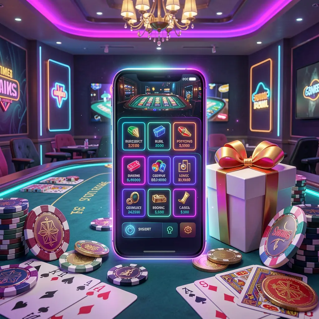 EX666 modern casino website hero scene featuring a smartphone with a glowing interface surrounded by a bonus gift box, chips, coins, and playing cards in a premium neon casino style